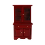 1:12 scale mahogany-stained kitchen hutch featuring upper glass display cabinet with two doors, center drawer, lower cabinet with two solid doors, brass knobs, and curved base for dollhouse furniture.