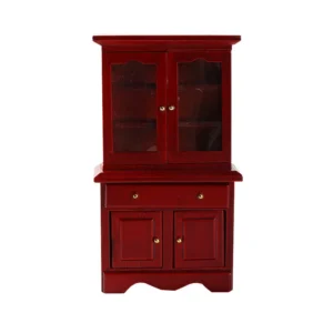 1:12 scale mahogany-stained kitchen hutch featuring upper glass display cabinet with two doors, center drawer, lower cabinet with two solid doors, brass knobs, and curved base for dollhouse furniture.