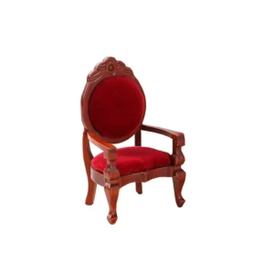 Miniature antique-style chair with red velvet upholstery and wooden frame, perfect for dollhouse decor.