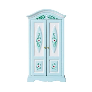 Miniature blue wardrobe with floral decorations and white panels, designed for dollhouse decoration.