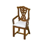 Miniature brown wooden chair featuring a decorative backrest and white cushion, perfect for dollhouses.