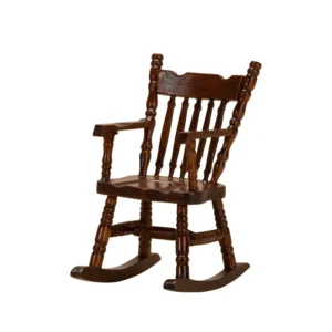 Miniature dark wood rocking chair, perfect for dollhouses and crafting projects.