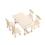 Miniature wooden dining set including one table and four chairs, perfect for dollhouse decor.