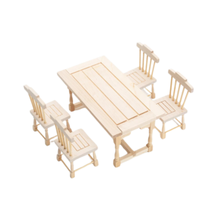 Miniature wooden dining set including one table and four chairs, perfect for dollhouse decor.