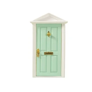 Miniature mint green door featuring elegant gold accents, designed for dollhouse decoration.