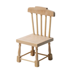 Unfinished miniature natural wooden chair with a classic design, perfect for dollhouses and crafting projects.