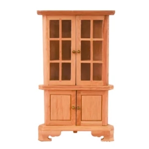 1:12 scale pine corner hutch featuring upper glass-paned doors with six window panes each, solid panel lower doors, decorative crown molding, and scrolled base for dollhouse kitchen or dining room.