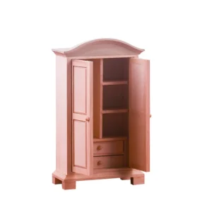 1:12 scale pink miniature armoire featuring double doors, three interior shelves, two drawers, and elegant arched top design for dollhouse bedroom furniture.