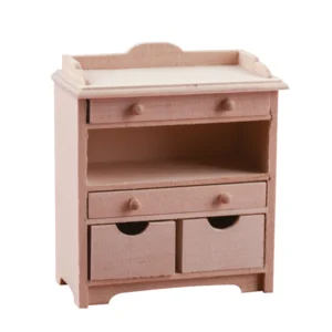 1:12 scale pink painted changing table featuring raised back panel, two drawers, open shelf space, and double cabinet doors, perfect for dollhouse nursery furniture.