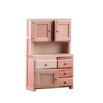 1:12 scale pink painted kitchen hutch featuring upper cabinet with double doors, open middle shelf, four drawers and lower cabinet, perfect for dollhouse kitchen or dining room.