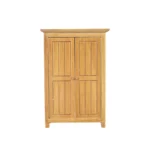 miniature teak wooden wardrobe featuring double doors, designed for dollhouse use.