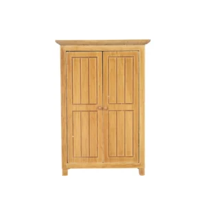 miniature teak wooden wardrobe featuring double doors, designed for dollhouse use.