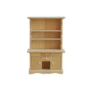 1:12 scale unfinished wooden hutch featuring beadboard back panel, three display shelves, two drawers, double cabinet doors, and scalloped base for dollhouse kitchen or dining room.