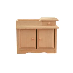 1:12 scale unfinished wooden dry sink featuring top basin compartment, single drawer, double doors, and scalloped base for dollhouse kitchen furniture.