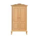 1:12 scale unfinished wooden French armoire featuring double panel doors, scalloped crown top, and elegant Queen Anne style cabriole legs for dollhouse bedroom furniture.