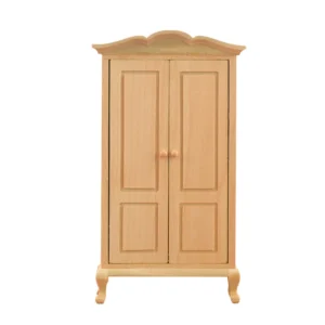 1:12 scale unfinished wooden French armoire featuring double panel doors, scalloped crown top, and elegant Queen Anne style cabriole legs for dollhouse bedroom furniture.