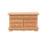 1:12 scale unfinished wooden dresser featuring eight drawers with round knobs, decorative dentil molding trim, crown top, and scalloped base for dollhouse bedroom furniture.