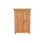 1:12 scale unfinished wooden armoire featuring double panel doors, crown molding top, round wooden knobs, and simple bracket feet, perfect for dollhouse bedroom furniture.