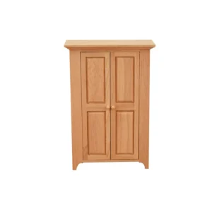 1:12 scale unfinished wooden armoire featuring double panel doors, crown molding top, round wooden knobs, and simple bracket feet, perfect for dollhouse bedroom furniture.