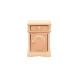 1:12 scale unfinished wooden bedside table featuring one drawer, single door cabinet with oval panel detail, scalloped base, and clean lines for dollhouse bedroom furniture.