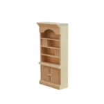 1:12 scale unfinished wooden bookcase featuring decorative arch top, four display shelves with grooved panels, and double door cabinet base for dollhouse living room or study.