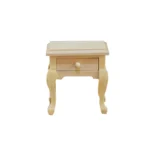 1:12 scale unfinished wooden nightstand with elegant Queen Anne style cabriole legs, single drawer with round knob, and curved sides for dollhouse bedroom furniture.