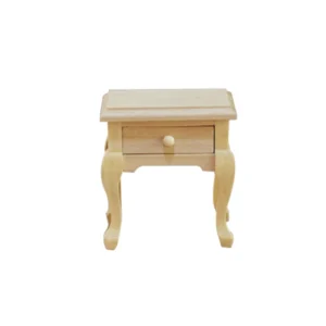 1:12 scale unfinished wooden nightstand with elegant Queen Anne style cabriole legs, single drawer with round knob, and curved sides for dollhouse bedroom furniture.