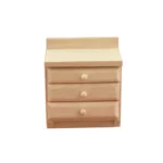 1:12 scale unfinished wooden chest of drawers featuring three graduated drawers with round knobs, plain backsplash, and simple modern design for dollhouse bedroom furniture.