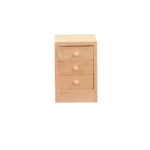 1:12 scale unfinished wooden chest featuring three equal-sized drawers with natural wooden knobs, simple clean design, and smooth surfaces for dollhouse bedroom furniture.