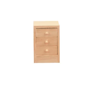 1:12 scale unfinished wooden chest featuring three equal-sized drawers with natural wooden knobs, simple clean design, and smooth surfaces for dollhouse bedroom furniture.