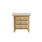 1:12 scale unfinished wooden bedside table featuring three equal-sized drawers with round wooden knobs, clean lines design, and decorative bracket feet perfect for dollhouse bedroom furniture.