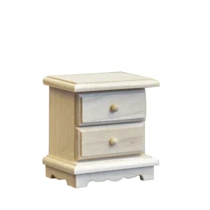 1:12 scale unfinished wooden nightstand featuring two drawers with wooden knobs, decorative scalloped base, and clean lines for dollhouse bedroom furniture.