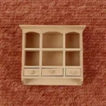 1:12 scale wall-mounted display cabinet featuring 6 arched cubbies, 3 drawers, and natural unfinished wood perfect for DIY miniature enthusiasts.