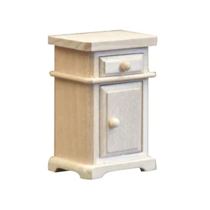 1:12 scale unfinished wooden bedside cabinet featuring clean lines, one top drawer, single door storage compartment, and curved feet detail for contemporary dollhouse bedroom furniture.