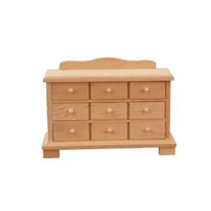 1:12 scale unfinished wooden dresser with 9 drawers and decorative top rail, perfect for dollhouse furniture collection