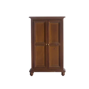 Miniature walnut wardrobe featuring double doors and elegant detailing, perfect for dollhouse decoration.