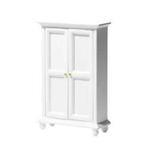 Miniature white wardrobe featuring double doors and golden handles, designed for dollhouse decoration.