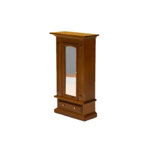 Miniature walnut wardrobe featuring a mirror and a drawer, designed for dollhouse decoration.