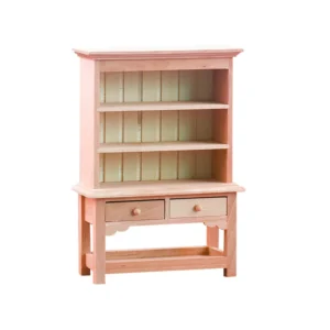 Stylish miniature wooden bookcase with multiple shelves and two drawers, perfect for dollhouse decoration.