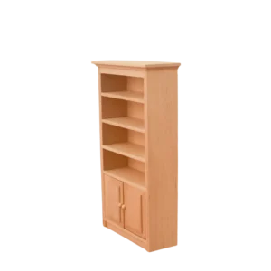 Miniature wooden bookcase with open shelves and cabinets, ideal for dollhouse decoration.