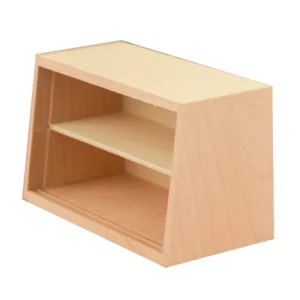 Unfinished miniature wooden bookshelf with two open shelves, designed for dollhouse use.