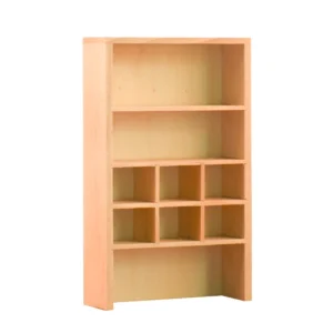 Unfinished miniature wooden bookshelf featuring an open design with multiple cubbies, ideal for dollhouse organization and display.