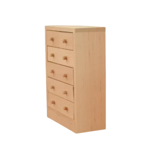 Miniature wooden chest of drawers with five functional drawers, perfect for dollhouse interior decoration.