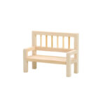 Miniature wooden garden bench with slatted back, perfect for dollhouse outdoor scenes and decor.