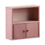 Miniature wooden hutch featuring an open shelf and two drawers, perfect for dollhouse decoration and storage.