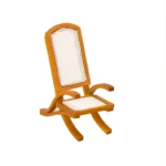 Miniature wooden rocking chair featuring a caned seat, perfect for dollhouses and crafting projects.