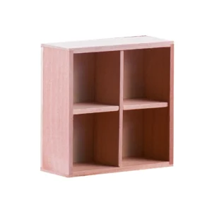 Miniature wooden shelf unit with four compartments, ideal for dollhouse decoration and storage.