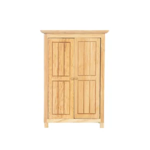 miniature wooden wardrobe featuring classic double doors, designed for dollhouse use.