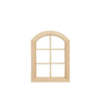 Miniature wooden window frame with arched top and grid design, perfect for dollhouse decoration.