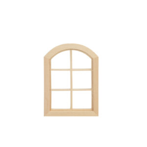 Miniature wooden window frame with arched top and grid design, perfect for dollhouse decoration.